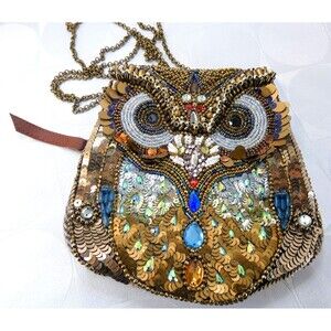 CATO OWL Handbag Beads Sequins Stones Pearls Zip Pocket Brown Tweed NEW